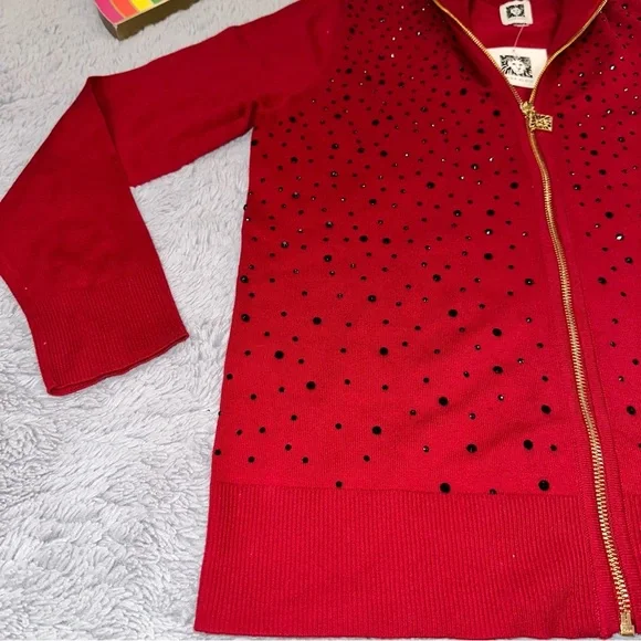 Anne Klein fire red and black rhinestone sweater